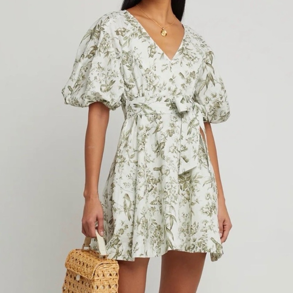 Green Floral Linen Belted Puff Sleeve Mini Dress